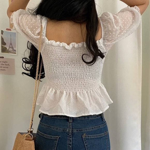 White Chiffon Dobby Mesh Short Sleeves Smocked Blouse - Picture 3 of 9